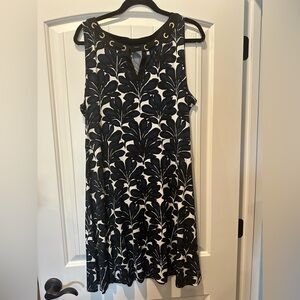 Ivanka Trump Black, Navy and White Leaf Print Midi Dress with Silver Hardware.